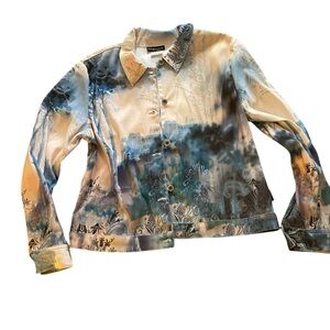 EUC Vintage 90s boho indie twill jacket watercolor graffiti city scene L